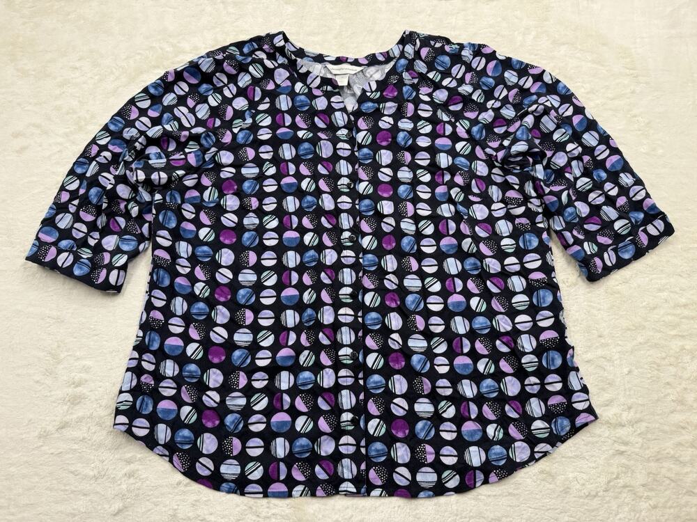 Christopher & Banks Womens XL Button Up Blouse Spherical Pattern Black & Purple